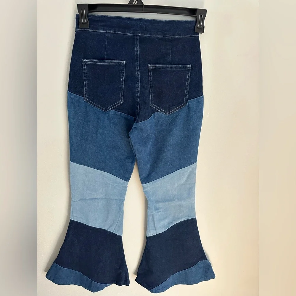 Altar’d State High Waisted Color Block Patch Bell Bottom Blue Size Medium - Picture 2 of 11